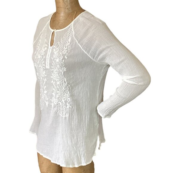 Chico's Cotton Gauze Embroidered BOHO Peasant White Noise Top Sz 1 (M/8) #283B - Picture 5 of 9